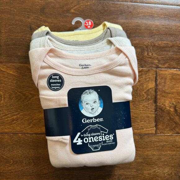 Gerber Onesies Girls 18 Month Long Sleeve Bodysuit 4 Pack Pink Yellow NEW - Picture 1 of 3